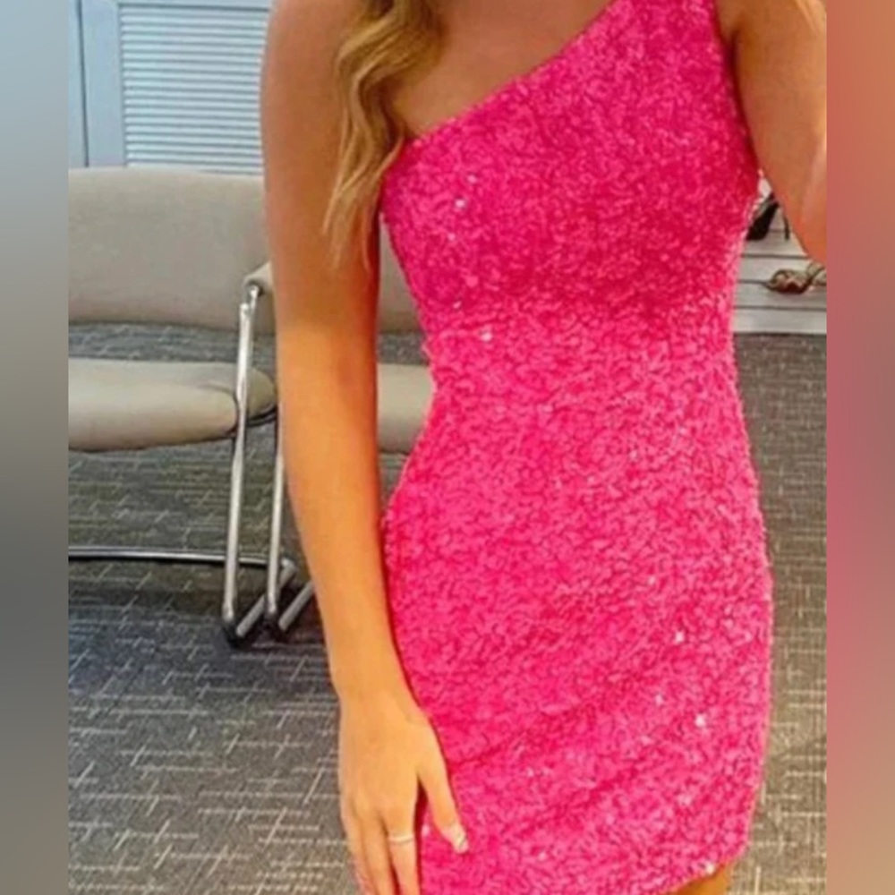 Berlinnova Glitter One-Shoulder Hot Pink Homecoming Dress With Sequins